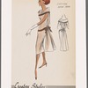 Sleeveless chiffon sheath dress with capelet and back drape; capelet edged in contrast satin trim; trim repeated around dropped waist and on bow securing drape
