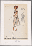 Sleeveless chiffon sheath dress with capelet and back drape; capelet edged in contrast satin trim; trim repeated around dropped waist and on bow securing drape