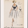 Short-sleeved cocktail dress of crepe and polka dot organza with square neckline, scoop back and full gathered skirt; wide flat collar along neckline and tied at back with decorative tails