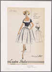 Short-sleeved cocktail dress of crepe and polka dot organza with square neckline, scoop back and full gathered skirt; wide flat collar along neckline and tied at back with decorative tails