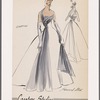 Sleeveless floor-length evening gown of chiffon; contrast draped bodice wraps under left arm and over right shoulder forming flowing drapery front and back