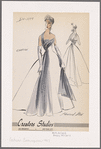 Sleeveless floor-length evening gown of chiffon; contrast draped bodice wraps under left arm and over right shoulder forming flowing drapery front and back