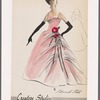 Floor-length evening gown with spaghetti straps, pleated bodice with asymmetric fold-over flap and horizontal pleats on skirt; decorative floral sprays on left hip
