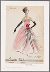 Floor-length evening gown with spaghetti straps, pleated bodice with asymmetric fold-over flap and horizontal pleats on skirt; decorative floral sprays on left hip