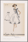 Short-sleeved cocktail dress with V neckline and contrast draped shoulder scarf; scallop effect at skirt hem with contrast lining visible