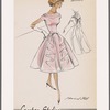 Short-sleeved cocktail dress with cowl collar, princess seams and cascade of organza ruffles from waist bow to hem; back organza bow and tails