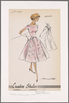 Short-sleeved cocktail dress with cowl collar, princess seams and cascade of organza ruffles from waist bow to hem; back organza bow and tails