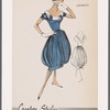 Short-sleeved organza cocktail dress with Florentine neckline, deep V back and balloon skirt; contrast fabric pulled through tabs at neckline