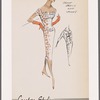Print cocktail dress with Florentine neckline and bib bodice; buckle detail at neckline and midriff; sleeve fabric tucked into neckline in decorative effect; matching hat and jacket