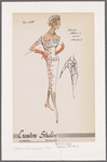 Print cocktail dress with Florentine neckline and bib bodice; buckle detail at neckline and midriff; sleeve fabric tucked into neckline in decorative effect; matching hat and jacket