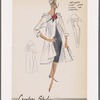 Organza coat over linen or crepe sheath dress; loose coat with dolman sleeves, high soft collar that loops at back and button loop closure