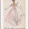 Sleeveless evening gown with deep V back, princess seams, dipped hemline and long sewn-in sash around neck and down back