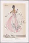Sleeveless evening gown with deep V back, princess seams, dipped hemline and long sewn-in sash around neck and down back