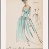 Dropped-waist chiffon evening gown with square neckline and full, dipped overskirt with decorative bow; gathered shoulder straps pass through openings on bodice and tie with repeat bow detail