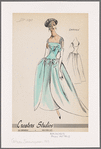 Dropped-waist chiffon evening gown with square neckline and full, dipped overskirt with decorative bow; gathered shoulder straps pass through openings on bodice and tie with repeat bow detail