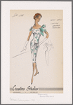 Print chiffon cocktail dress with draped neckline, asymmetric bodice and gather at left hip; fitted at back