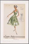Print cocktail dress with sweetheart bodice and contrast draped neckline of chiffon; gores and contrast bow decorations on skirt