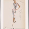 Short-sleeved print shantung dress with V neckline and shirred bodice