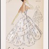 Tiered evening gown of embroidered organdy with camisole neckline, spaghetti straps and dipped hemline; large scalloped panels over underskirt; tiers edged with ruffle trim