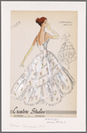 Tiered evening gown of embroidered organdy with camisole neckline, spaghetti straps and dipped hemline; large scalloped panels over underskirt; tiers edged with ruffle trim