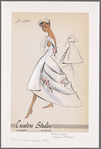 Sleeveless evening gown with dipped hemline and wide tiers at back; bateau neckline forms deep V at back