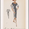 Cocktail dress with shawl collar and double-breasted yoke bodice closed with buttons; contrast elbow-length beret sleeves with decorative cuffs; contrast accordion-pleated side panels