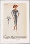 Cocktail dress with shawl collar and double-breasted yoke bodice closed with buttons; contrast elbow-length beret sleeves with decorative cuffs; contrast accordion-pleated side panels