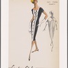 Dress and coat of two-toned fabric: Florentine-neckline dress with short sleeves, front button closure and jabot with decorative button; tapered coat with wide convertible collar and short sleeves with wide roll-up cuffs