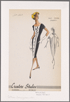 Dress and coat of two-toned fabric: Florentine-neckline dress with short sleeves, front button closure and jabot with decorative button; tapered coat with wide convertible collar and short sleeves with wide roll-up cuffs