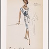 Short-sleeved print shantung dress with V neckline front and back and crossover bodice closed with side buttons; contrast shirring on waist sash and right midriff section