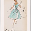 Cocktail wrap dress with surplice bodice, V neckline and full skirt; right bodice has asymmetric edge that drapes over contrast waist sash