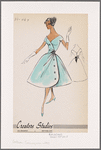 Cocktail wrap dress with surplice bodice, V neckline and full skirt; right bodice has asymmetric edge that drapes over contrast waist sash