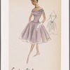 Off-the-shoulder cocktail dress with full, gathered skirt and peekaboo shoulders; waist sash ties at back
