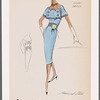 Sleeveless dress with scoop neckline, waist-front trim and scallop bodice detail; capelet over dress with Florentine neckline, contrast edge trim, and repeat scallop detail