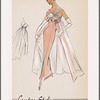 Halter evening gown with gathered straps crossed at back and tied into bow at bodice; contrast-fabric overdress with gathers at neckline and bands to pull fabric to sides for floating effect; front slit from hemline to knee