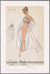 Halter evening gown with gathered straps crossed at back and tied into bow at bodice; contrast-fabric overdress with gathers at neckline and bands to pull fabric to sides for floating effect; front slit from hemline to knee