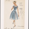 Dotted Swiss party dress with bateau neckline and pleated organdy panel at back; soft folds on collar with pleated organdy underneath