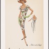 Print party dress with square neckline and low square back with bow; gathered shoulder straps form cap sleeves; bodice tabs with decorative buttons