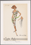 Print party dress with square neckline and low square back with bow; gathered shoulder straps form cap sleeves; bodice tabs with decorative buttons