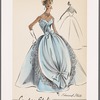 Evening gown with bouffant skirt, surplice bodice and spaghetti straps; large fabric panel on skirt front outlined with embroidery and gathered to a bow at hem; repeat waist bow