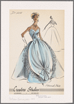 Evening gown with bouffant skirt, surplice bodice and spaghetti straps; large fabric panel on skirt front outlined with embroidery and gathered to a bow at hem; repeat waist bow