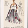 Skirt and middy top evening gown with sweetheart neckline and shoulder straps attached on bodice front in decorative effect; skirt and fringed stole of chiffon