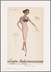 Sleeveless sheath dress with cowl draped collar and contrast bow trim across bodice