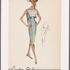 Sleeveless evening dress with self trim over princess seams, three tiers of eyelet trim across bodice and bow decoration at front and back