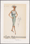 Sleeveless evening dress with self trim over princess seams, three tiers of eyelet trim across bodice and bow decoration at front and back
