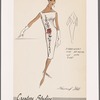 Sleeveless sheath dress with Florentine neckline at front and deep V back; embroidery and beading on one side