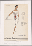 Sleeveless sheath dress with Florentine neckline at front and deep V back; embroidery and beading on one side