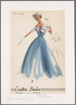 Evening gown with lace yoke and capelet decorated with corsage; sheer overdress