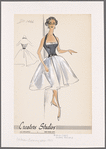 Halter dress with contrast full skirt, fitted and gathered bodice and contrast ruffle at neckline