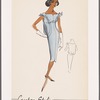 Sleeveless cocktail dress with bateau neckline and decorative band that tie at shoulders; band forms blouson effect at back; neckline center V detail mirrored at center front hemline